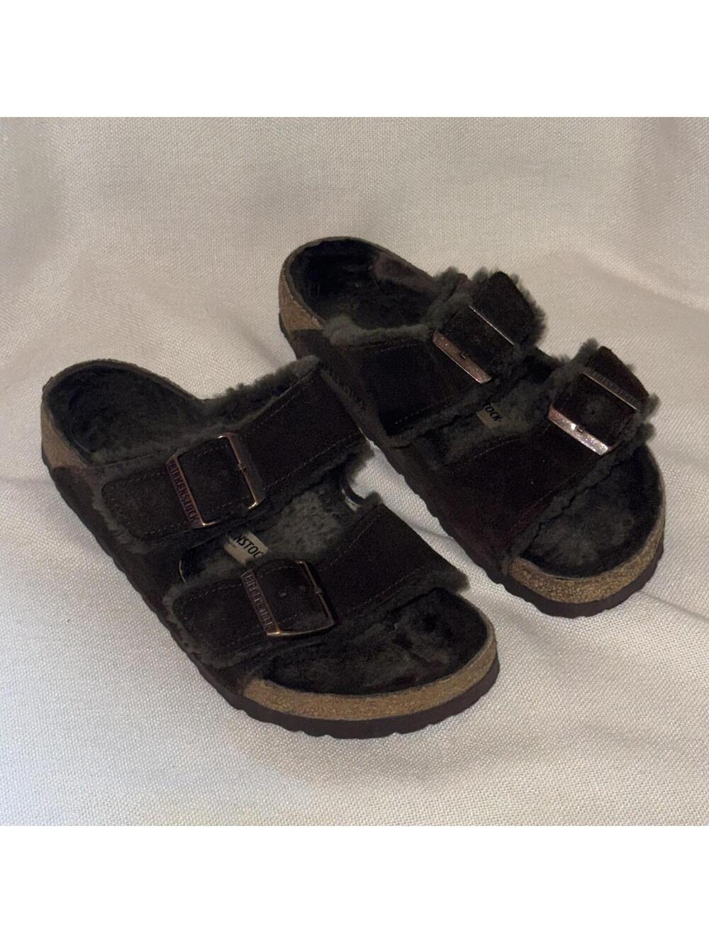 Birkenstock Arizona Shearling Suede Mocha Buckle Comfort Sandals Fuzzy Brown 37